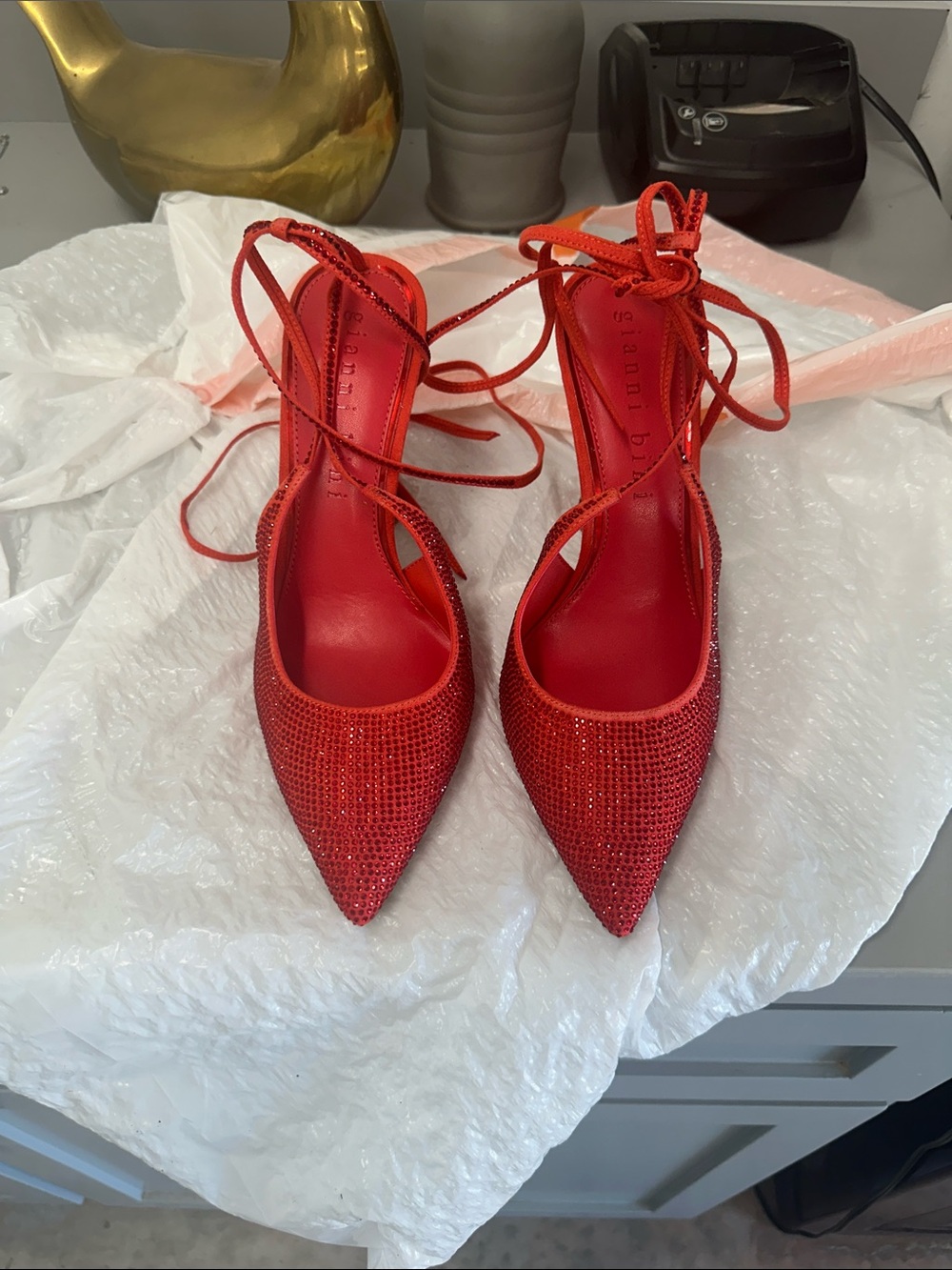 Gianni Bini Red Rhinestone Lace-Up Pointed Toe Heels